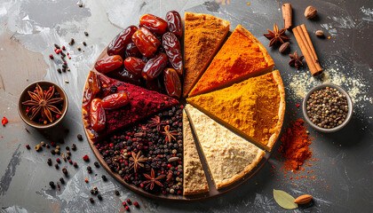 Pie chart made of spices and dates, halal food market data