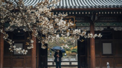 Couple under cherry blossom tree in traditional setting