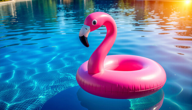 Pink flamingo inflatable float in blue swimming pool, summer vacation background