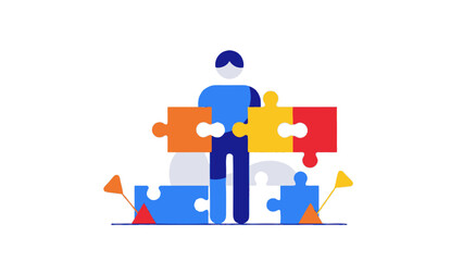 Man Assembling Colorful Puzzle Pieces, Teamwork Concept © varla