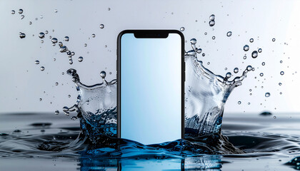 Smartphone with blank white screen submerged in water splash, waterproof technology mockup