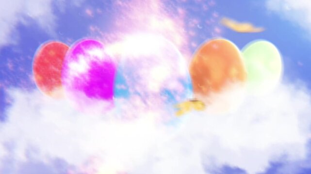Happy easter greeting celebration with colorful eggs floating on clouds with a bright light in the center