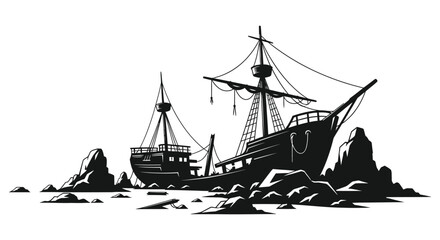 abandoned ship wrecked on rocky coast with distinctive silhouette high quality professional detailed © MIRAJ02