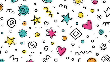 Playful and colorful hand-drawn doodle pattern with stars, hearts, spirals, and abstract shapes on a white background, perfect for children's designs or festive occasions.