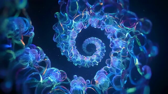 Shimmering spiral of luminous cells, Inscribed with iridescent glowing glass cellular formation, Endless vortex of luminous glasslike structures exhibiting mesmerizing rotation and glow