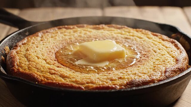 Golden cornbread in a cast-iron skillet, melted butter center, cozy rustic kitchen scene warm glow!!