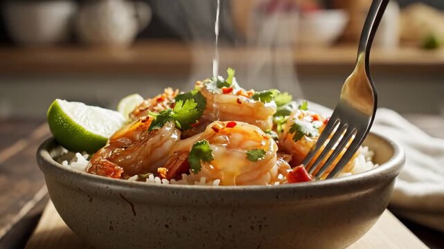 Rustic bowl holds succulent shrimp tossed with herbs, lime, and paprika flakes, vibrant! zesty vibe