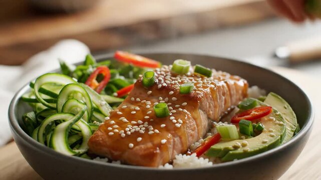 Salmon nigiri on rice with avocado, cucumber ribbons, sesame, greens, lime wedge crisp, bright zest