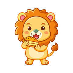 cute lion animal mascot costume character vector illustration eating sandwich

