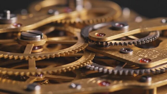 Close-up of brass gears interlocking, red jewel bearings glinting in warm light revealing precision
