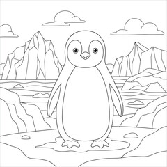 Cute cartoon illustration of a penguin in the snow with a polar bear on a beach in a simple vector style