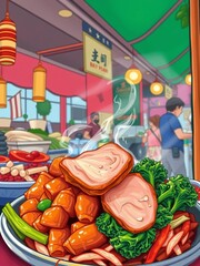 Thai street food illustration, crispy pork with kale, vibrant colors, market stall scene,  pad kana moo krob,  dish