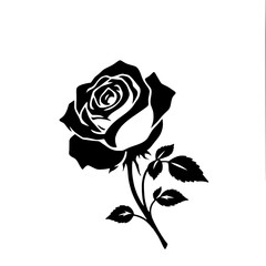 Black rose silhouette illustration featuring a detailed flower bloom with angled stem and leaves isolated on white background ideal for tattoo design, logos, floral decoration, romantic and gothic con