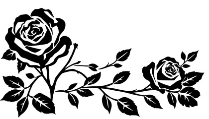 Black rose flower silhouettes connected by a leafy branch in elegant botanical vector style isolated on white background