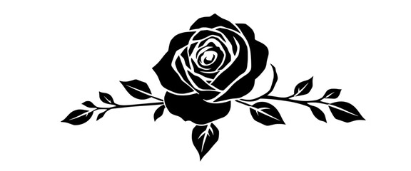 Black rose flower silhouette with symmetrical leaves in clean botanical vector style isolated on white background