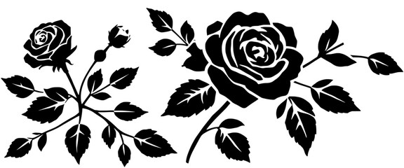 Black rose flower silhouettes with leaves and buds arranged in a horizontal botanical vector style isolated on white background