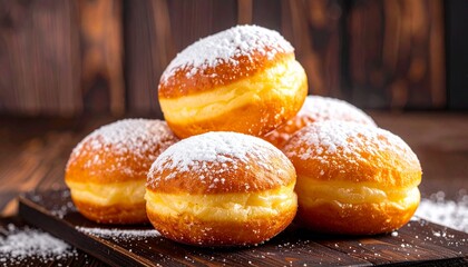 Appetizing Golden Donuts Dusted with Powdered Sugar on a Rustic Dark Wooden Board