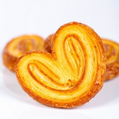Delicious Golden Palmier Pastry Heart on White Background, Showing Crispy Layers and Caramelized Sugar Glaze