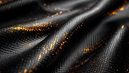 Close-up of black, textured fabric with flowing folds. Embedded, blurred golden particles give a warm glow. Soft lighting and depth