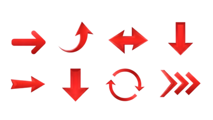 Red neon arrow icons isolated on transparent background