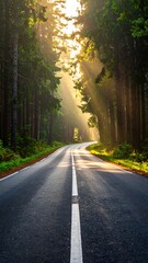 Fototapeta premium A scenic winding road disappears into a sunlit forest, with beams of sunlight filtering through the trees, creating a mystical atmosphere