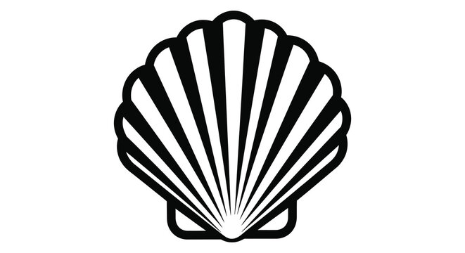 A striking black and white depiction of a scallop shell showcasing its ribbed structure silhouette