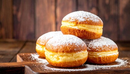 Delicious Stack of Fried Donuts (Krapfen/Berliners) Dusted with Powdered Sugar on a Rustic Wooden Background