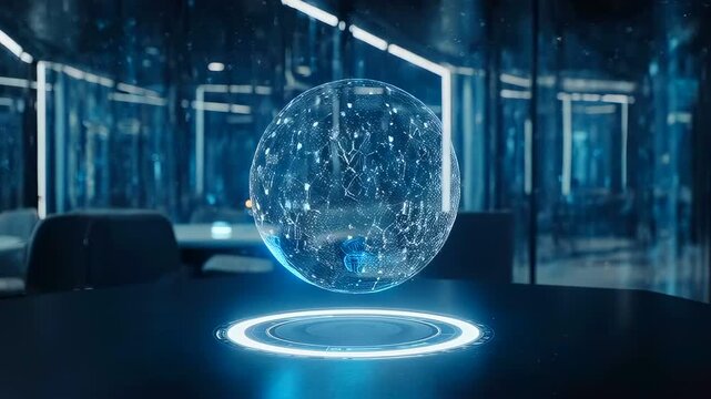 Interactive data sphere hovering above conference table in modern glass office, interconnected nodes and analytics streams visible inside translucent orb, led halo projection casts cool blue