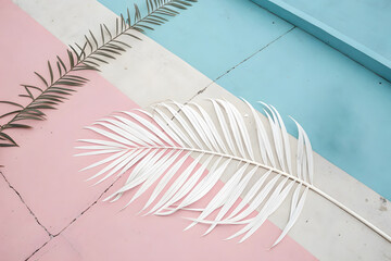 A bleached white palm leaf stretching diagonally across a pink and blue background
