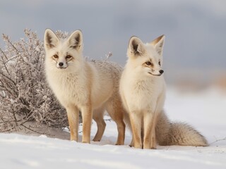 Two foxes standing in snowy landscape