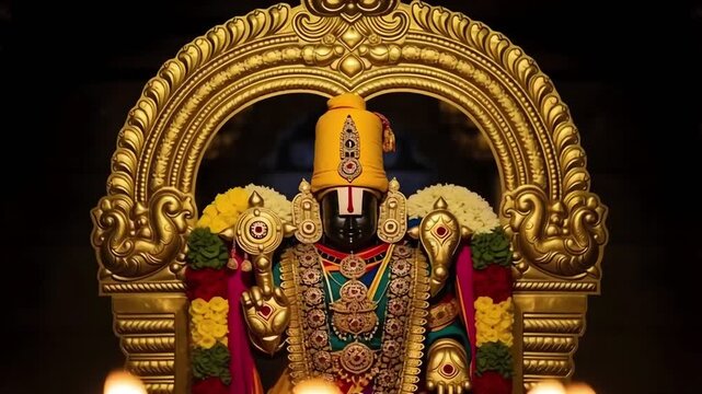 Grand cinematic video of Lord Venkateswara displayed within a richly decorated temple archway. Bright golden illumination highlights intricate jewelry and sacred ornaments