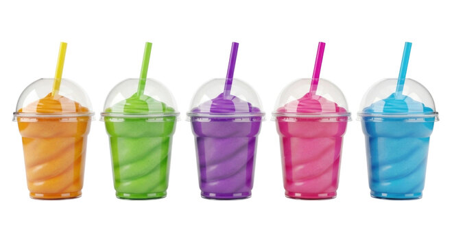 3d colorful slushy drinks with straws transparent background cutout png