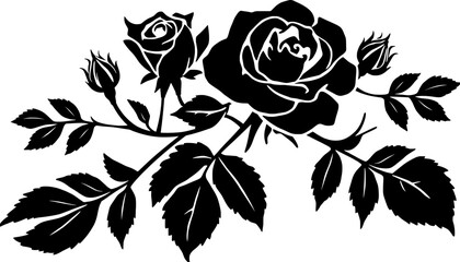Black rose flower silhouette with leaves and buds arranged in horizontal botanical vector style isolated on white background