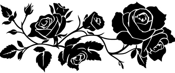 Black rose floral silhouette with detailed leaves and blooming flowers in elegant botanical vector style isolated on white background