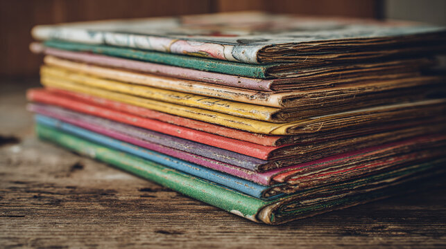 A colorful stack of vintage books arranged on a wooden surface