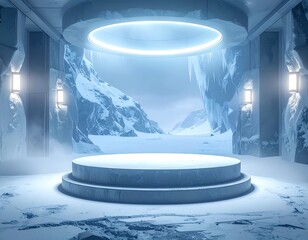 Icy chamber with stage overlooking snow-covered mountains