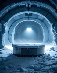 Icy chamber with round platform under bright blue overhead light