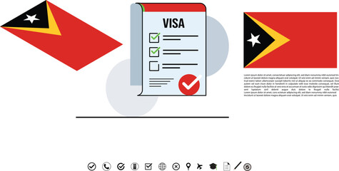 Timor-Leste Flags With Visa Document And Global Icons Concept Illustration For Travel And Visa.