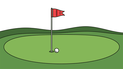 A golf ball sits next to the hole on a green with a red flagstick, illustrating a golf course putting area.