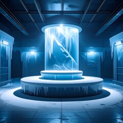 A frosted interior with a glowing ice core encased in a circular pedestal