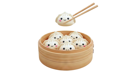 Cute Dumplings in a Steamer Basket with Chopsticks
