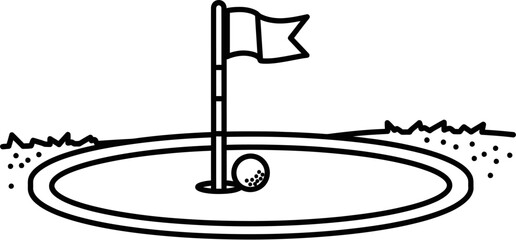 Fototapeta premium Black and white line drawing of a golf ball next to the flagstick on a putting green, illustrating a golf course scene.