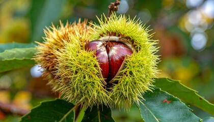 A close-up of a chestnut in its prickly green husk
