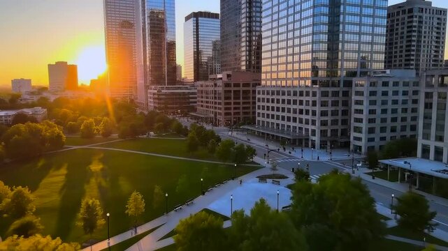 sunset skyline over urban park glass towers reflecting warm sunlight, treelined pathways and open lawn, modern plaza and office buildings, aerial drone perspective capturing golden hour