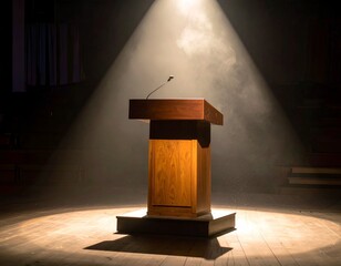 Wooden podium spotlighted in a smoky auditorium