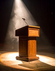 Wooden podium spotlighted on a stage, with microphone, smoke effect