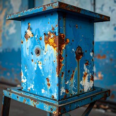 Weathered blue metal box with rust, bolts, and a stand in front of peeled paint