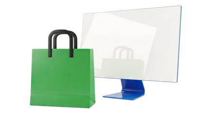 Green shopping bag and computer screen with shopping bag reflection