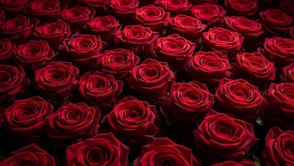 A stunning close up view of many deep red roses densely packed together for a romantic presentation