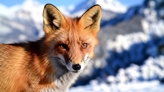 Orange fox portrait against a snowy mountain backdrop, gazing intently with bright eyes